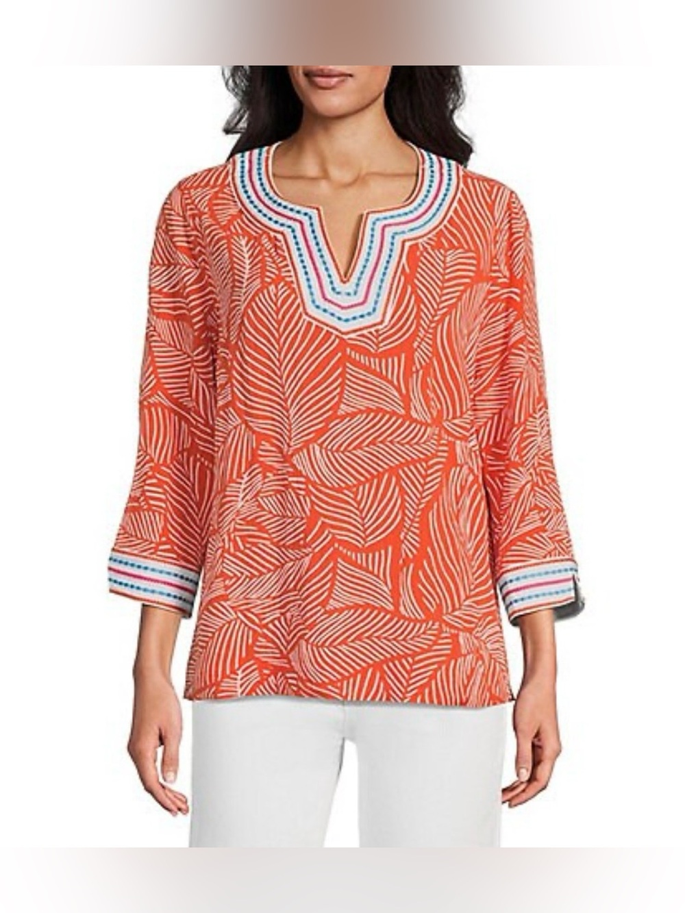 John Mark Orange Leaf-Print V-Notch Tunic with Embroidered Trim